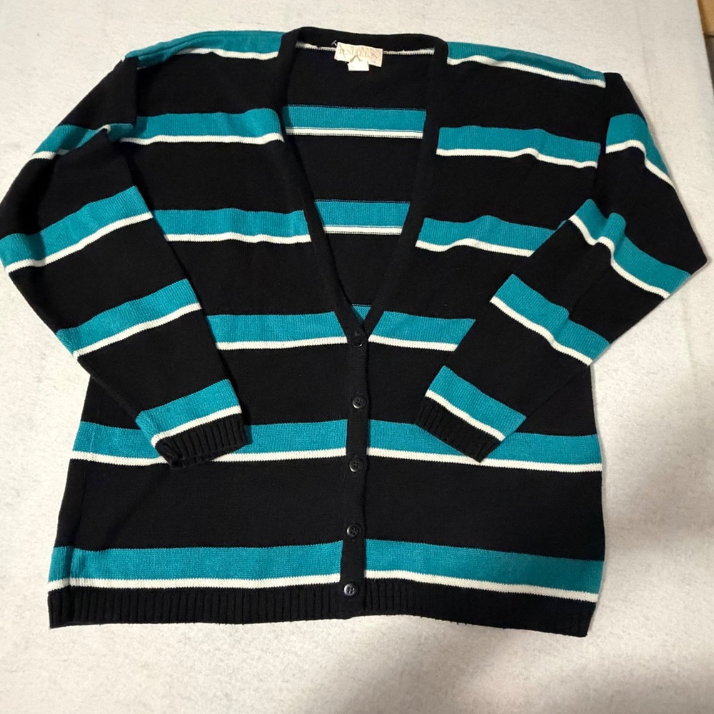 Sophisticates by Pendleton Womens Medium Striped Cotton Cardigan Black Teal USA